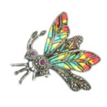 A ruby, pyrite, cultured pearl and plique-a-jour enamel butterfly brooch.Stamped 925.