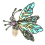 A cultured pearl, ruby, pyrite and plique-a-jour enamel brooch, depicting a butterfly.Stamped 925.