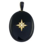 A late 19th century onyx and split pearl locket pendant.Length 6.3cms.