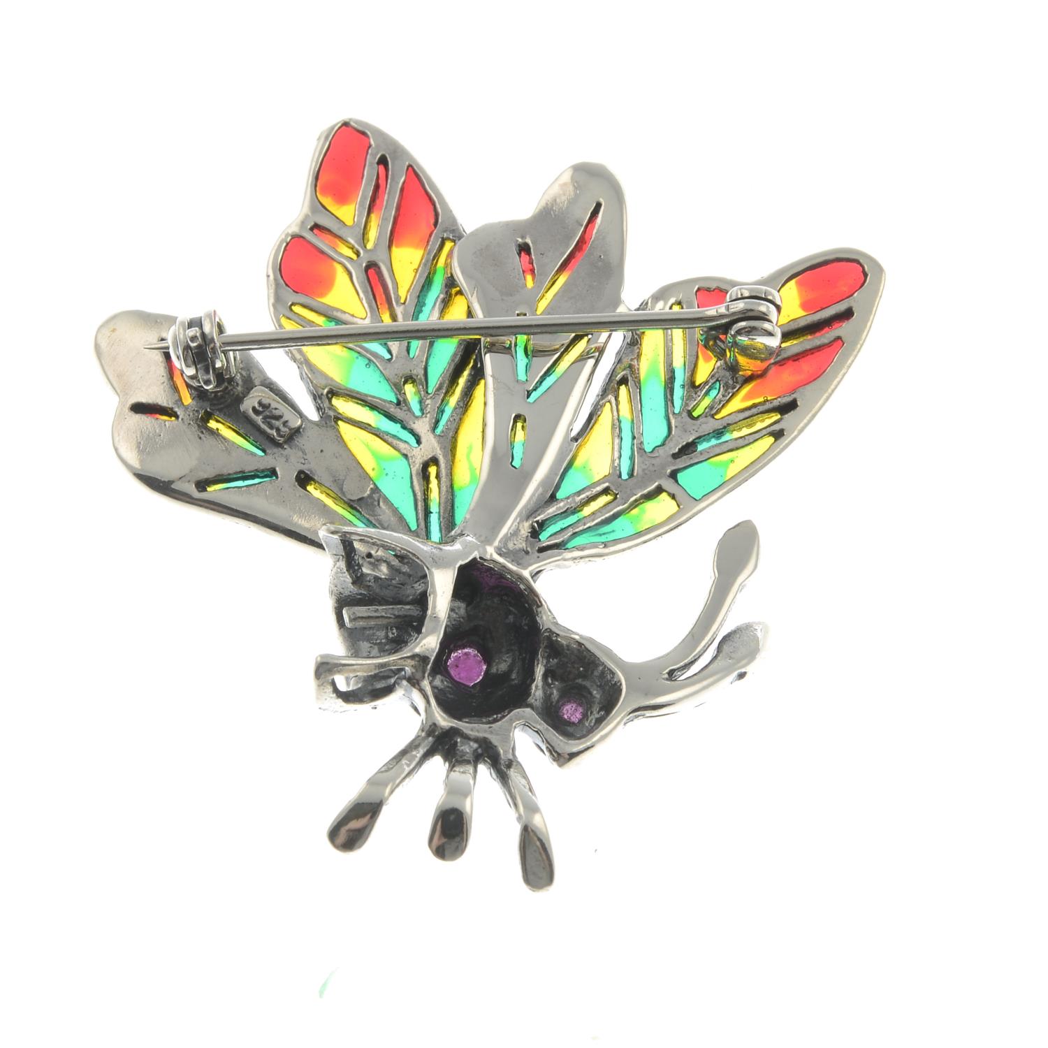 A ruby, pyrite, cultured pearl and plique-a-jour enamel butterfly brooch.Stamped 925. - Image 2 of 2