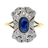 A sapphire and diamond dress ring.French assay marks.Ring size M.