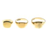 Three 9ct gold signet rings.Hallmarks for 9ct gold.