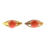 Two coral rings, ring sizes R and S, 9gms.Coral earrings, diameter 1.1cms, 3.8gms.Coral untested.