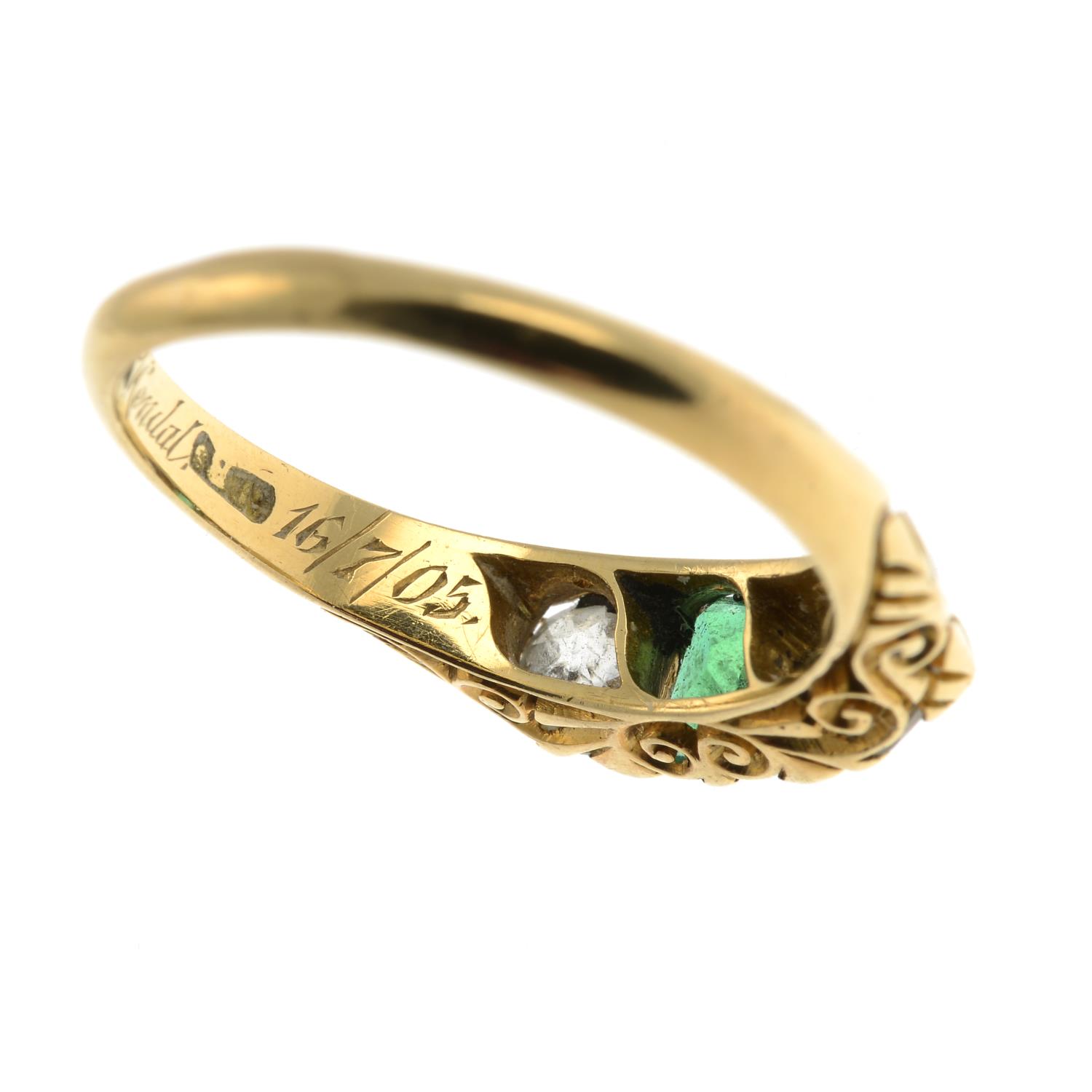 An early 20th century 18ct gold emerald and diamond three-stone ring.Estimated total diamond weight - Image 5 of 5