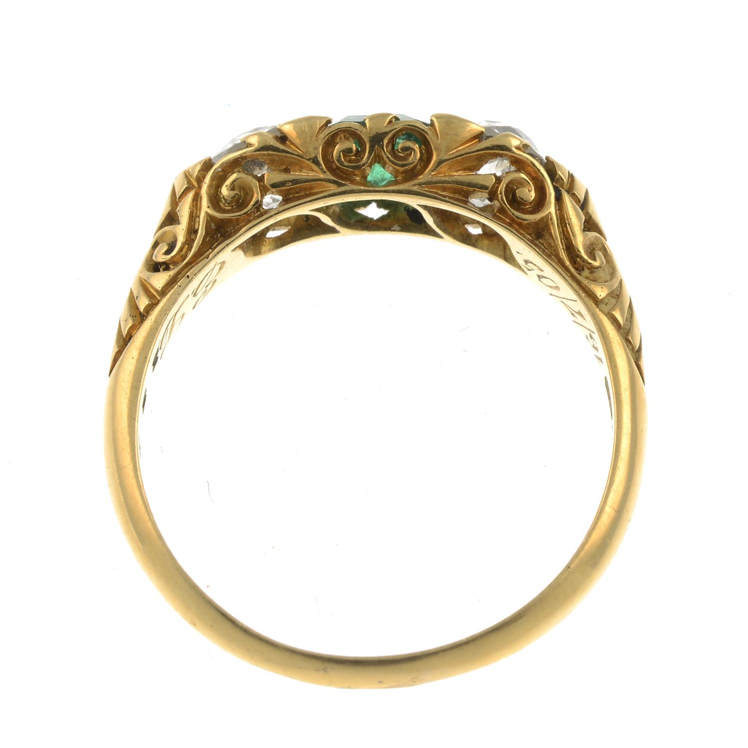 An early 20th century 18ct gold emerald and diamond three-stone ring.Estimated total diamond weight - Image 2 of 5