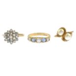 Three gem-set rings.Two with hallmarks for 9ct gold, ring sizes N and O, 6.4gms.