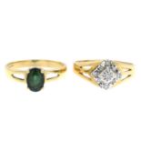 Four 9ct gold diamond and green tourmaline rings.Estimated total diamond weight 0.20ct.