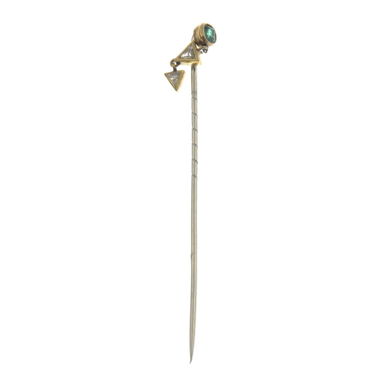 An emerald and diamond stickpin.Estimated total diamond weight 0.10ct. - Image 2 of 2