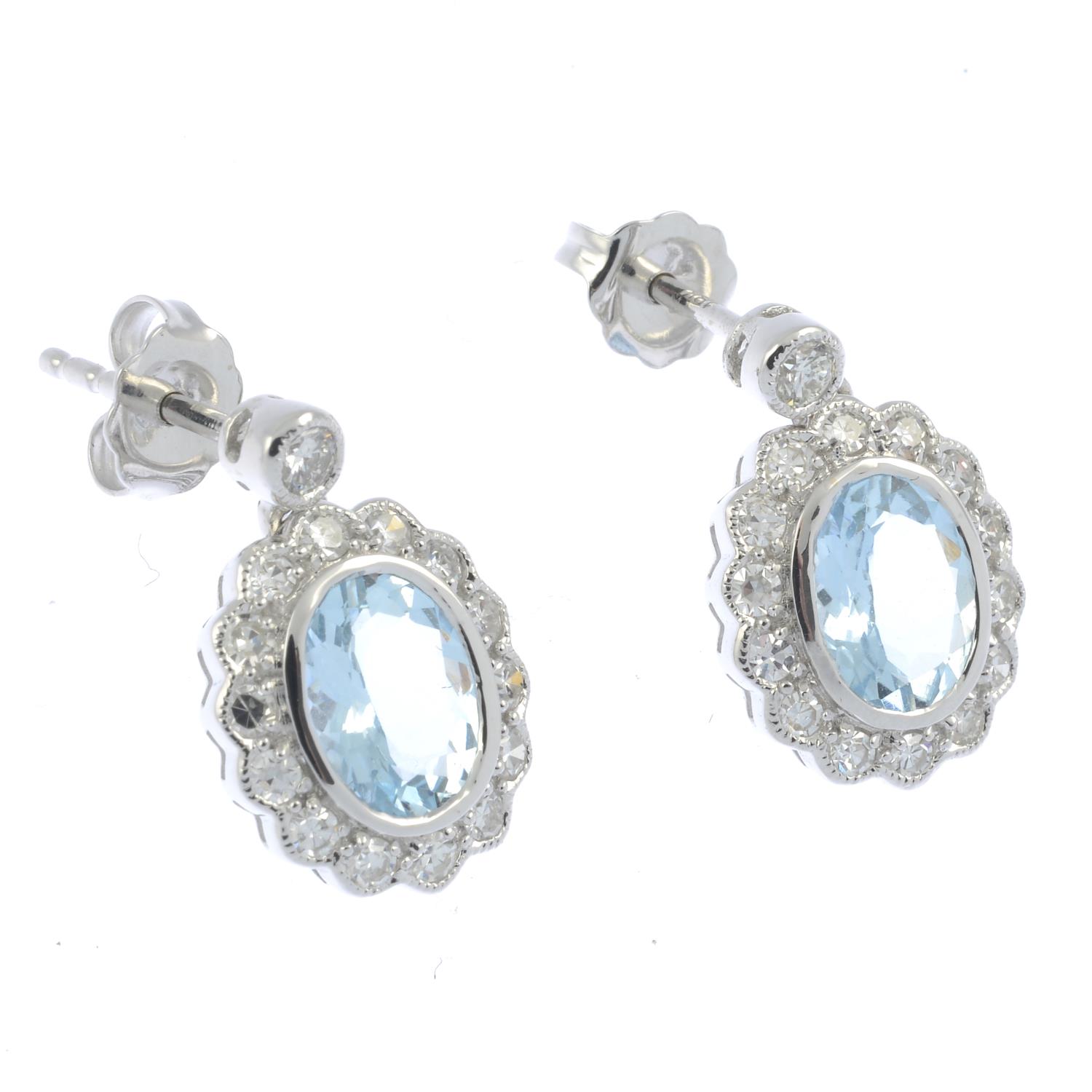 A pair of aquamarine and vari-cut diamond earrings.Estimated total diamond weight 0.65ct, - Image 2 of 2