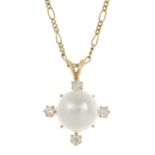 A cultured pearl and old-cut diamond pendant, with 9ct gold chain.Cultured pearl measuring 12mms.