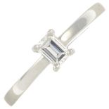 A platinum rectangular-shape diamond single-stone ring.Laser inscription corresponding to the GIA