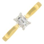 An 18ct gold rectangular-shape diamond single stone ring.Laser inscription GIA 15925866,