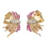 A pair of mid 20th century gold synthetic ruby and brilliant-cut diamond earrings.One ruby