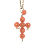 A 19th century gold coral and seed pearl pendant, with chain.Length of pendant 4cms.