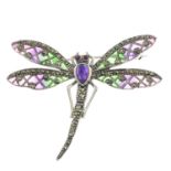 An amethyst, ruby, pyrite and plique-a-jour enamel dragonfly brooch.May be worn as a pendant.