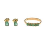 Emerald five-stone ring, stamped 585, ring size M, 2.3gms.
