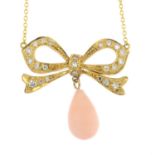 A vari-cut diamond and coral bow pendant,