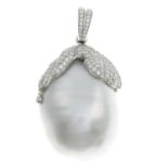 A pave-set diamond and south sea cultured pearl pendant.Cultured pearl measuring approximately