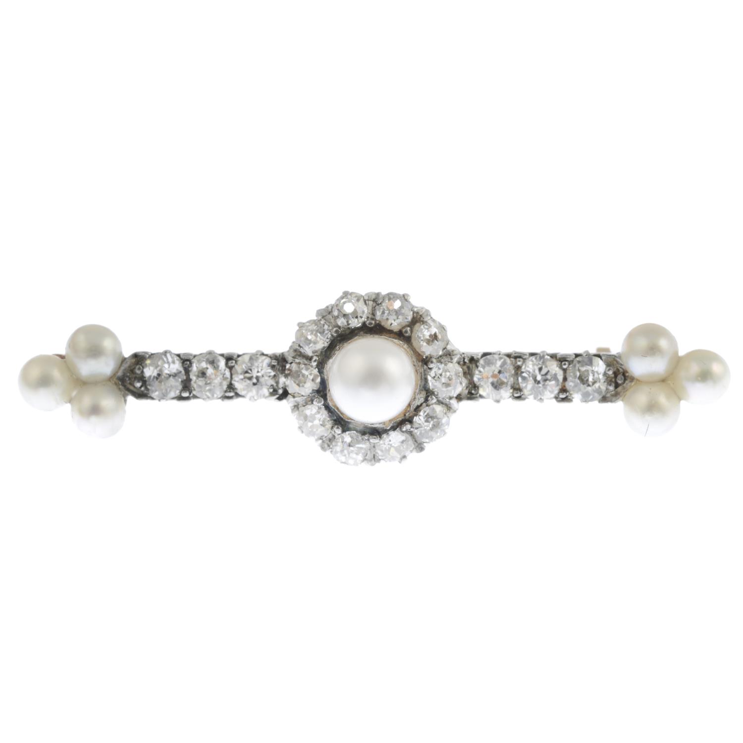 A late Victorian silver and gold old-cut diamond and cultured pearl bar brooch.Estimated total