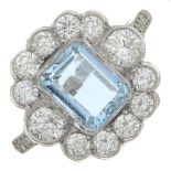 An aquamarine and brilliant-cut diamond cluster ring.Aquamarine calculated weight 1.18cts,