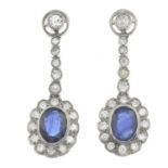 A pair of oval-shape sapphire and vari-cut diamond cluster earrings,