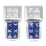 A pair of 18ct gold sapphire and square-shape diamond earrings,