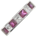 A platinum square-shape ruby and diamond half eternity ring.