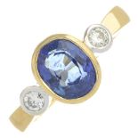 An 18ct gold sapphire and brilliant-cut diamond three-stone ring.Sapphire weight 2.27cts.Estimated