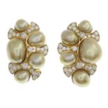A pair of 18ct gold Keshi pearl and diamond earrings.Total diamond weight 0.78ct,
