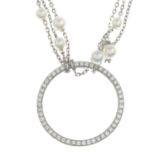 A cultured pearl lariat and brilliant-cut diamond circle pendant.Estimated total diamond weight