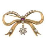 An old-cut diamond and ruby bow brooch,