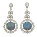 A pair of opal and diamond floral cluster drop earrings.