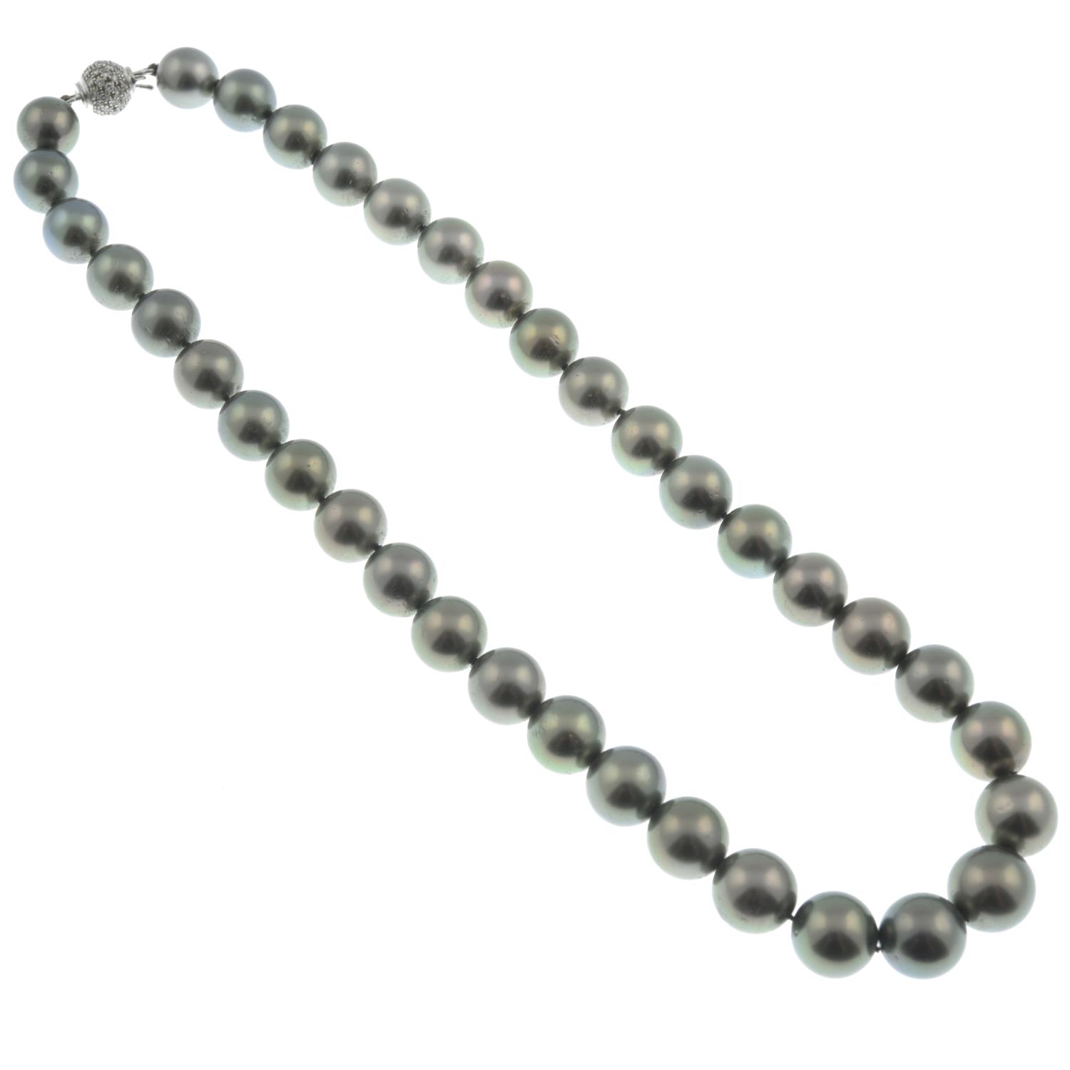 A Tahitian cultured pearl single-strand necklace, with 18ct gold pave-set diamond clasp. - Image 2 of 2