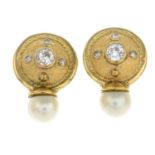 A pair of old-cut diamond and cultured pearl earrings.