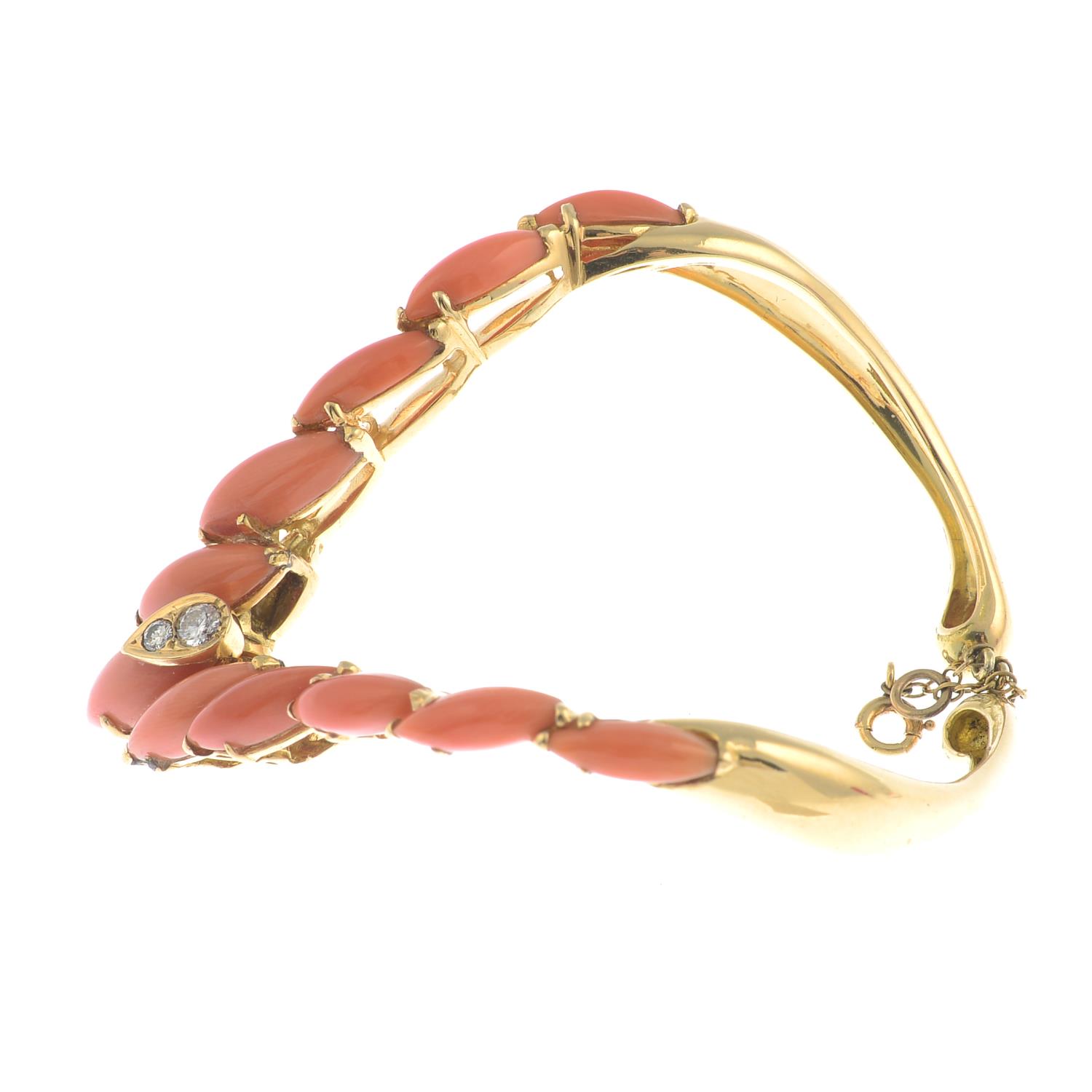 A 1970s 18ct gold coral and diamond chevron-motif cuff bangle, - Image 3 of 4