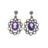 A pair of amethyst and rose-cut diamond earrings.Stamped 750.Length 2.4cms.