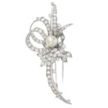 A mid 20th century 18ct gold pearl and diamond floral spray brooch.