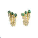 A pair of emerald cabochon and brilliant-cut diamond earrings.