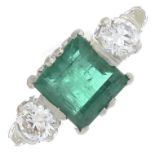 An emerald and diamond three-stone ring.Emerald calculated weight 1.85cts,