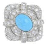 A turquoise and brilliant-cut diamond dress ring.Approximate dimensions of turquoise 8 by 6.1 by