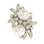 A cultured pearl and diamond floral dress ring.