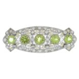 A peridot, old-cut diamond and seed pearl openwork brooch.Estimated total diamond weight 1.20cts,