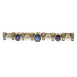 A mid 20th century sapphire, cultured pearl and rose-cut diamond bar brooch.Length 5.5cms.