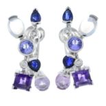 A pair of 18ct gold diamond and gem-set earrings.Gems to include sapphire,