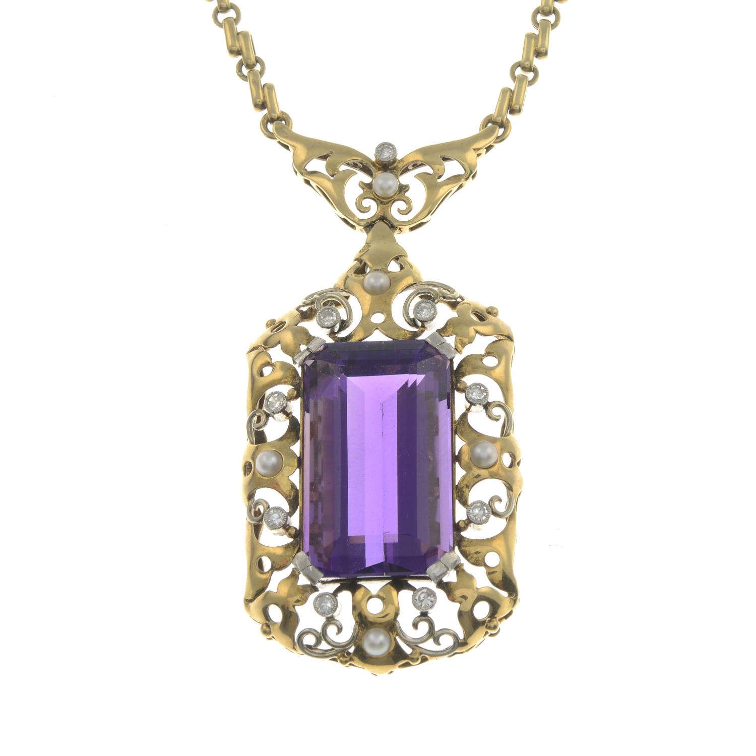 An amethyst, split pearl and single-cut diamond pendant,