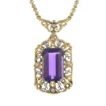 An amethyst, split pearl and single-cut diamond pendant,