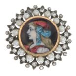 A late 19th century vari-cut diamond and cultured pearl portrait brooch.Estimated total diamond