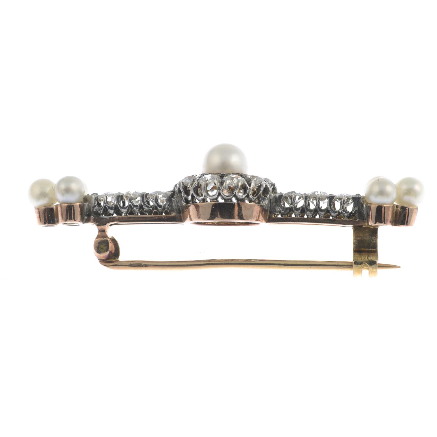 A late Victorian silver and gold old-cut diamond and cultured pearl bar brooch.Estimated total - Image 2 of 3