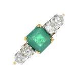 A square-shape emerald and old-cut diamond ring.Emerald calculated weight 0.79ct,