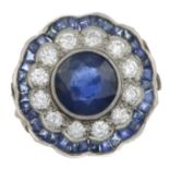 A sapphire and brilliant-cut diamond scalloped cluster ring,